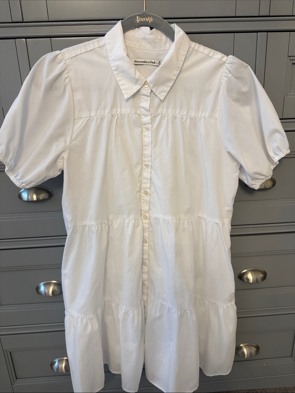 Abercrombie & Fitch White Puff-Sleeve Tiered Shirt Dress